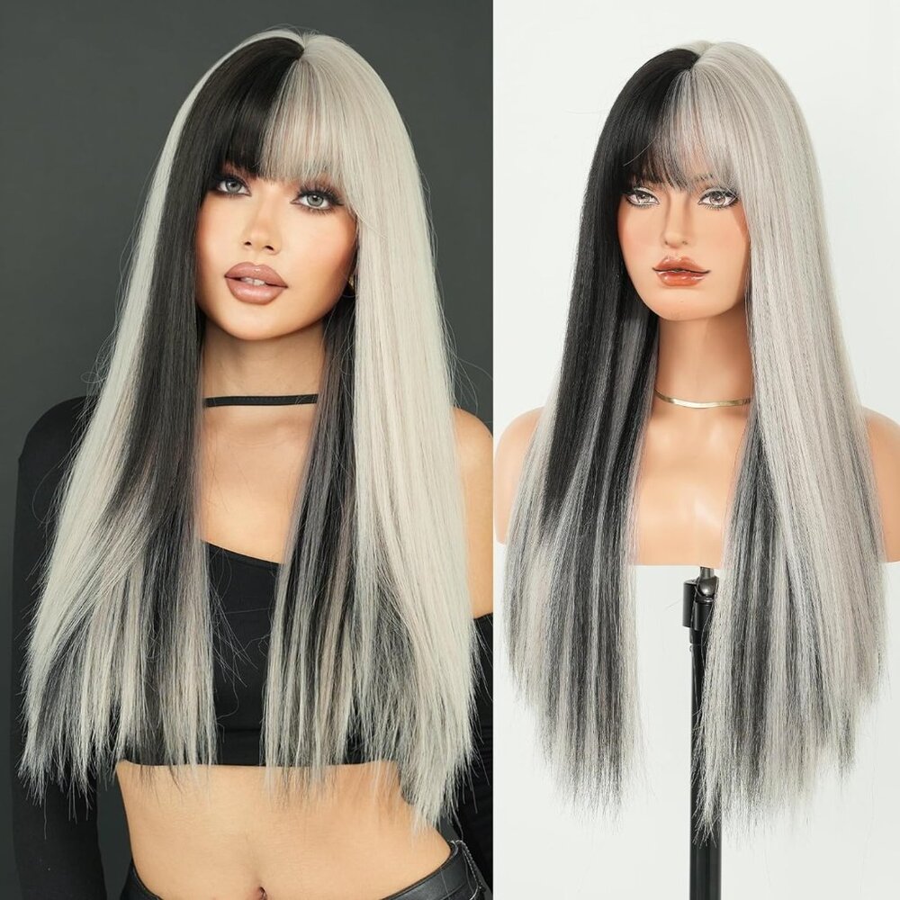 Long Straight Silver Grey Highlight Wig with Bangs 27 Inches Grey Black